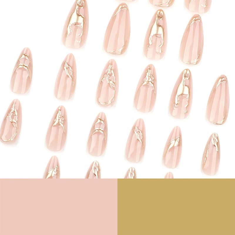 SINHOT Stiletto Glue on Nails - Long, Almond Artificial Nails with Marble Ombre, 3D Gold Chrome Design - 24 pcs - Image 5